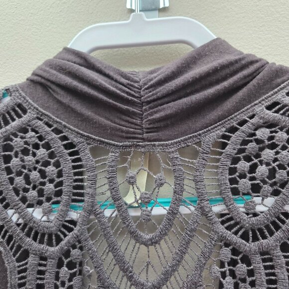 Lucie Lu Crochet Detail Open Front Waterfall Jersey Knit Cardigan Tie Dye Brown - Picture 11 of 12